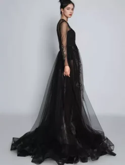 Black Gothic Wedding Dresses 2026 A-Line Long Sleeves Buttons Lace With Train Bridal Dress Free Customization