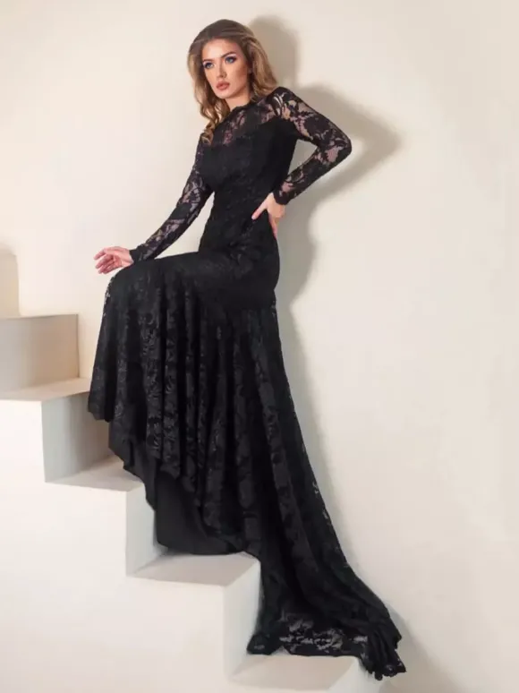 Black Gothic Wedding Dresses 2026 Mermaid Long Sleeves Lace With Train Bridal Dress Free Customization