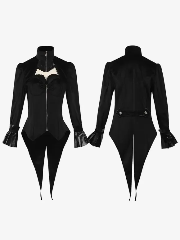 Black Gothic women's mid-length coat slim trench coat stand collar palace tuxedo