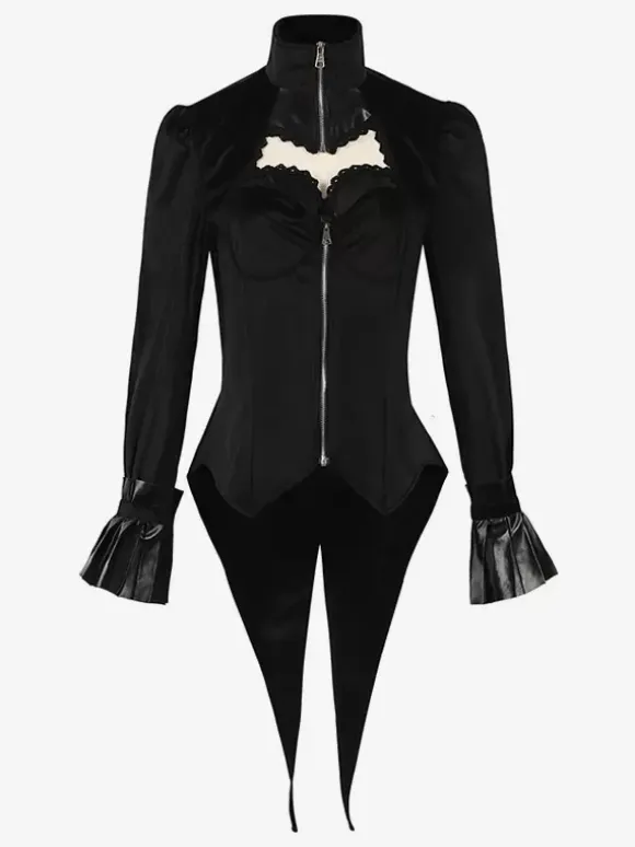 Black Gothic women's mid-length coat slim trench coat stand collar palace tuxedo