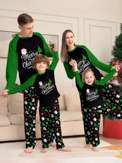 Black Green Raglan Tree Snowman Print Merry Christmas Family Pajamas 2026