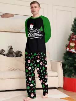 Black Green Raglan Tree Snowman Print Merry Christmas Family Pajamas 2026