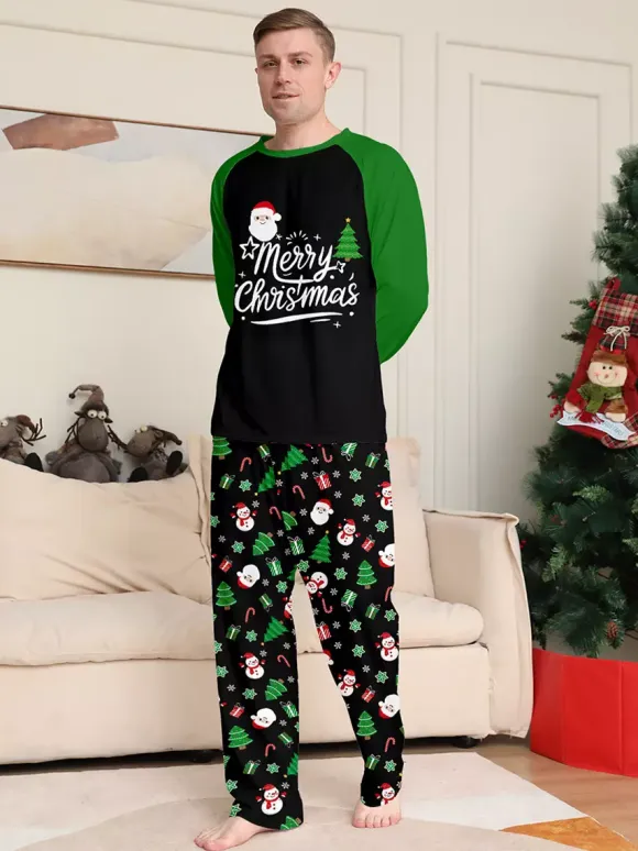 Black Green Raglan Tree Snowman Print Merry Christmas Family Pajamas 2026