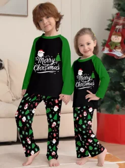 Black Green Raglan Tree Snowman Print Merry Christmas Family Pajamas 2026