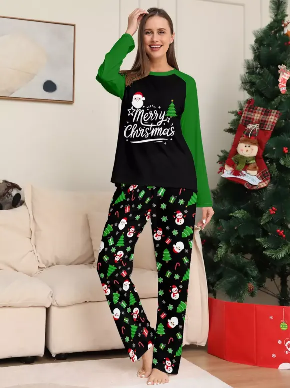 Black Green Raglan Tree Snowman Print Merry Christmas Family Pajamas 2026