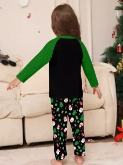 Black Green Raglan Tree Snowman Print Merry Christmas Family Pajamas 2026