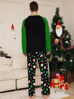 Black Green Raglan Tree Snowman Print Merry Christmas Family Pajamas 2026