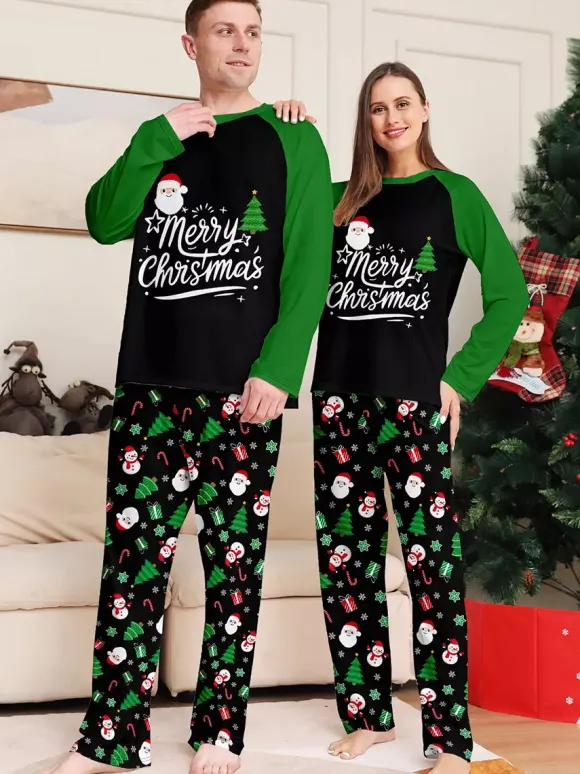 Black Green Raglan Tree Snowman Print Merry Christmas Family Pajamas 2026