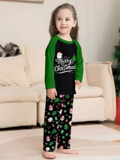 Black Green Raglan Tree Snowman Print Merry Christmas Family Pajamas 2026