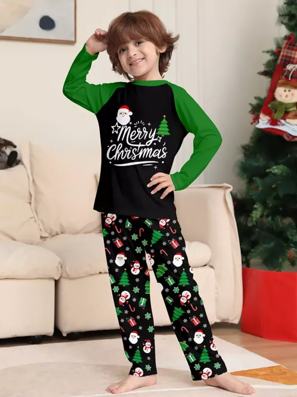 Black Green Raglan Tree Snowman Print Merry Christmas Family Pajamas 2026