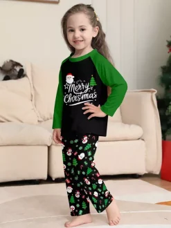 Black Green Raglan Tree Snowman Print Merry Christmas Family Pajamas 2026