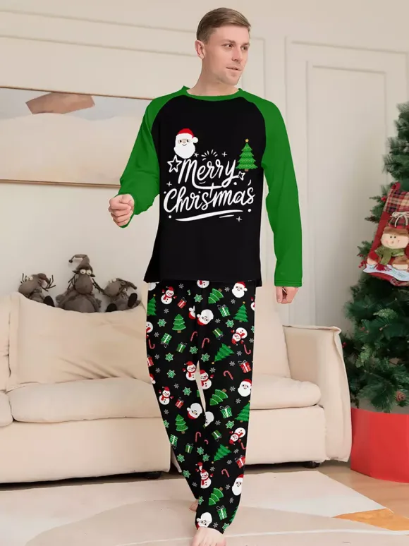 Black Green Raglan Tree Snowman Print Merry Christmas Family Pajamas 2026