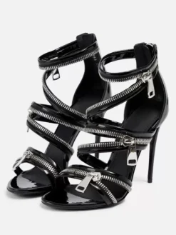 Black Heel Sandals Zipper Detail Strappy High Heel Sandals