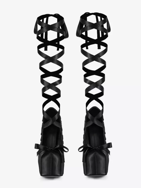 Black High Heel Pumps Satin Round Toe Chunky Heel Lace Up Lolita Shoes