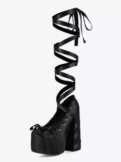 Black High Heel Pumps Satin Round Toe Chunky Heel Lace Up Lolita Shoes