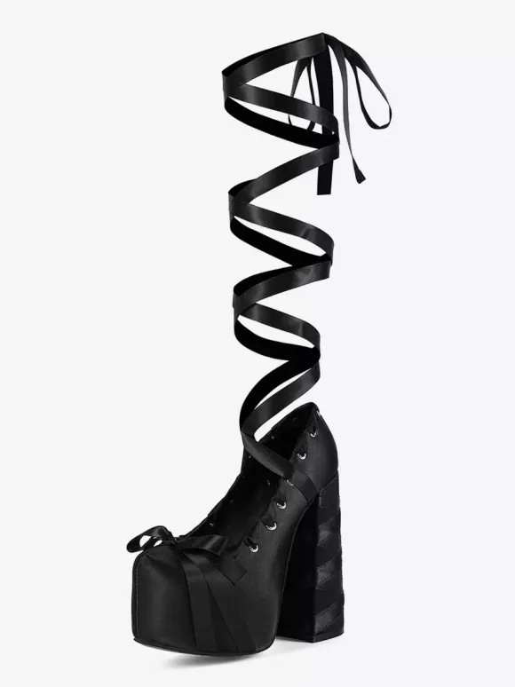 Black High Heel Pumps Satin Round Toe Chunky Heel Lace Up Lolita Shoes