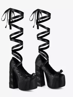 Black High Heel Pumps Satin Round Toe Chunky Heel Lace Up Lolita Shoes