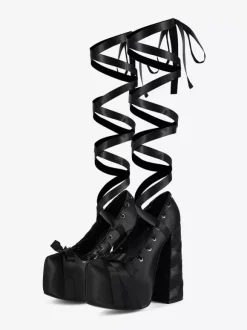 Black High Heel Pumps Satin Round Toe Chunky Heel Lace Up Lolita Shoes