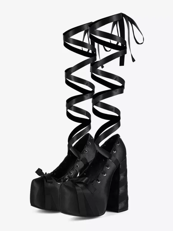Black High Heel Pumps Satin Round Toe Chunky Heel Lace Up Lolita Shoes