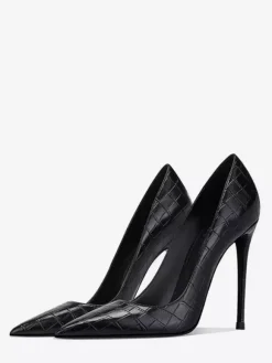 Black High Heel Pumps Women Pointed Toe Stone Pattern Slip On Dress Shoes