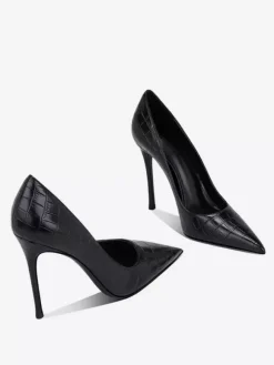 Black High Heel Pumps Women Pointed Toe Stone Pattern Slip On Dress Shoes