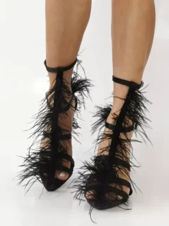 Black High Heel Sandals Faux Feather Detail Chunky Heel Party Shoes