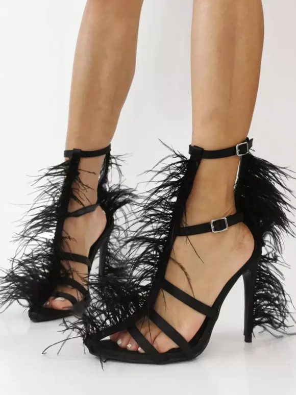 Black High Heel Sandals Faux Feather Detail Chunky Heel Party Shoes
