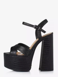 Black High Heel Sandals Genuine Leather Platform Open Toe Chunky Heel Sandal Shoes