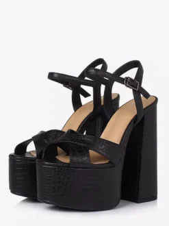 Black High Heel Sandals Genuine Leather Platform Open Toe Chunky Heel Sandal Shoes