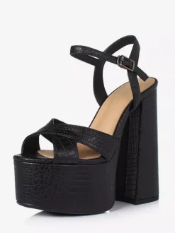 Black High Heel Sandals Genuine Leather Platform Open Toe Chunky Heel Sandal Shoes