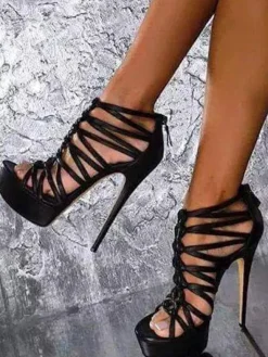 Black High Heel Sandals Open Toe Strappy Sandal Size US5-13