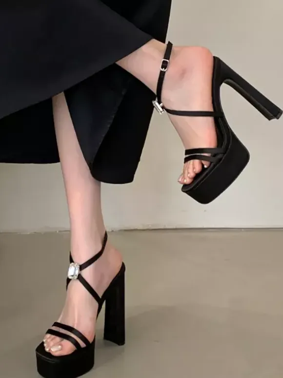 Black High Heel Sandals Platform Open Toe Cirss Corss Chunky Heel Sandal Shoes