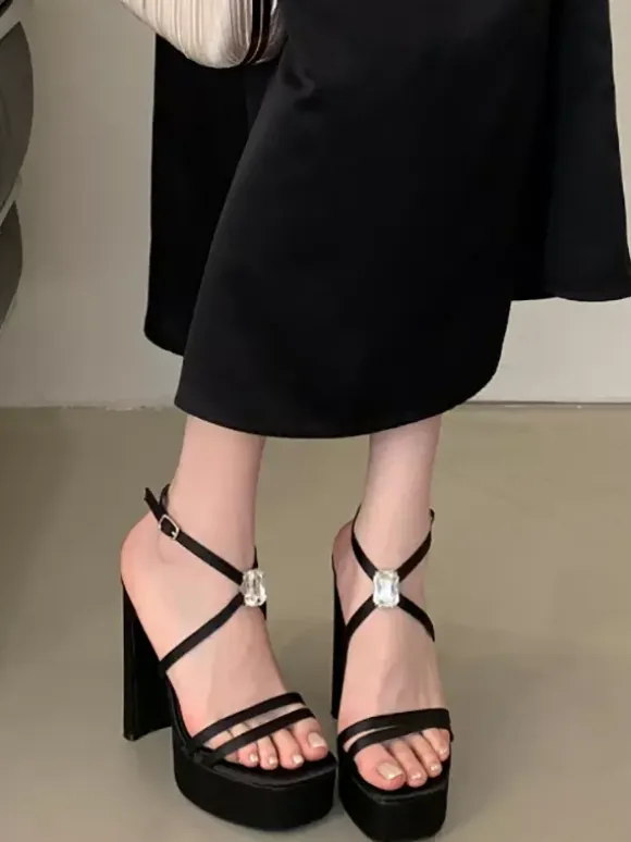 Black High Heel Sandals Platform Open Toe Cirss Corss Chunky Heel Sandal Shoes