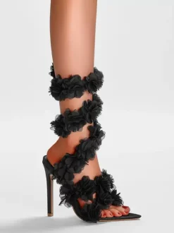 Black High Heel Sandals Strappy Flowers Detail Stiletto Heel Sandals