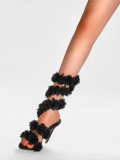 Black High Heel Sandals Strappy Flowers Detail Stiletto Heel Sandals