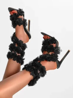 Black High Heel Sandals Strappy Flowers Detail Stiletto Heel Sandals