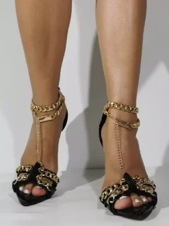 Black High Heel Sandals Unisex Chain Detail Party Shoes