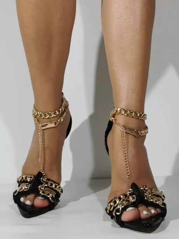 Black High Heel Sandals Unisex Chain Detail Party Shoes