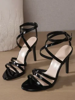 Black High Heel Sandals Women's Open Toe Strappy Prom Shoes