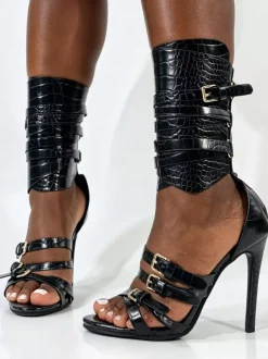 Black High Heel Sandals Women's Open Toe Buckle Detail Strappy Gladiator Sandals
