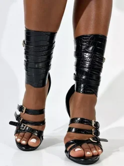Black High Heel Sandals Women's Open Toe Buckle Detail Strappy Gladiator Sandals