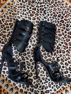Black High Heel Sandals Women's Open Toe Buckle Detail Strappy Gladiator Sandals