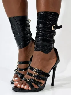 Black High Heel Sandals Women's Open Toe Buckle Detail Strappy Gladiator Sandals