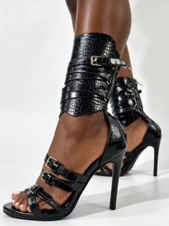 Black High Heel Sandals Women's Open Toe Buckle Detail Strappy Gladiator Sandals