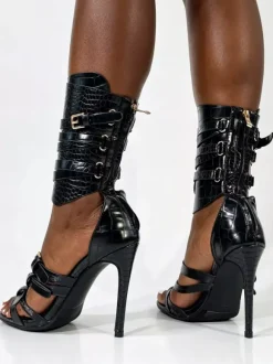 Black High Heel Sandals Women's Open Toe Buckle Detail Strappy Gladiator Sandals