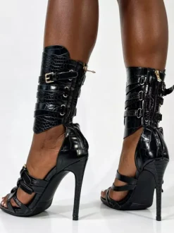 Black High Heel Sandals Women's Open Toe Buckle Detail Strappy Gladiator Sandals