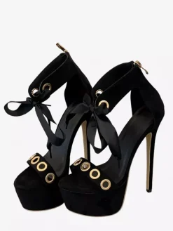 Black High Heel Sandals Women's Open Toe Cut Out Lace Up Sandal Shoes