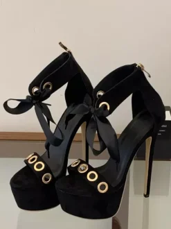 Black High Heel Sandals Women's Open Toe Cut Out Lace Up Sandal Shoes