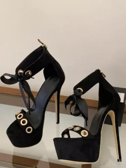Black High Heel Sandals Women's Open Toe Cut Out Lace Up Sandal Shoes