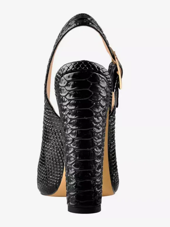 Black High Heels Chunky Heel Snake Pattern Pointed Toe Slingback Pumps